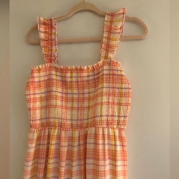AS U WISH PINK/ORANGE PLAID SLEEVELESS SMOCKED MIDI DRESS SPRING/SUMMER SIZE L - Picture 4 of 12